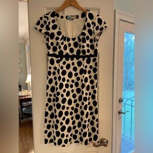 Darling Boden empire-waist, cap-sleeve Dalmatian print dress. Size 6